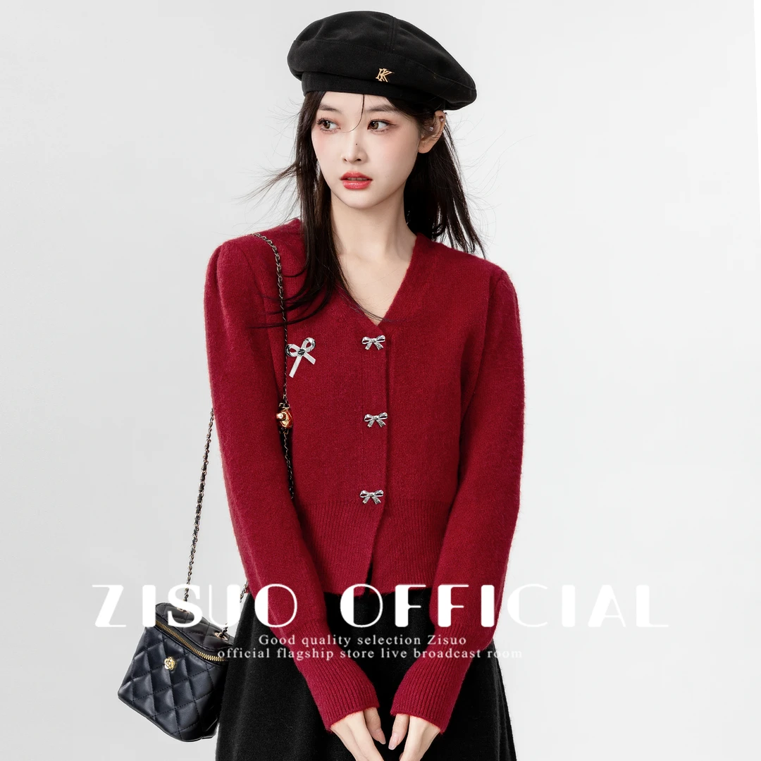 红色V领针织开衫女春秋2024新款设计感蝴蝶结软糯毛衣外套短上衣