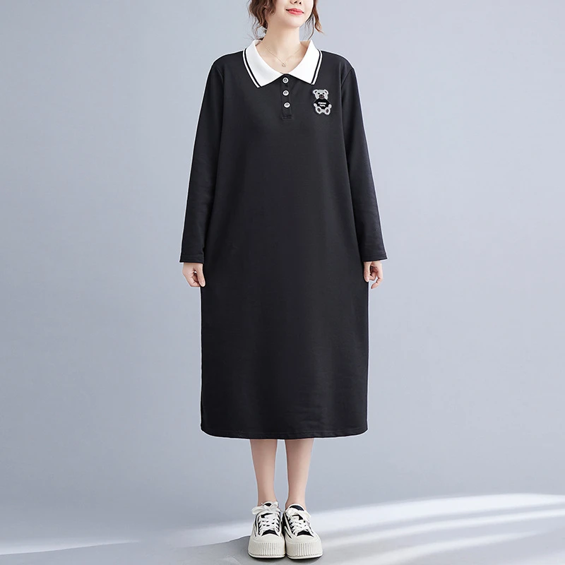 ZZ2398胖MM韩版宽松显瘦翻领长袖绣花连衣裙300斤大码女装