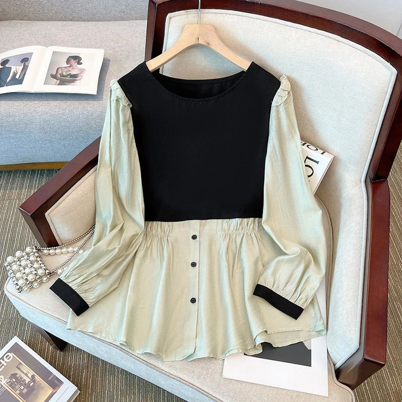 ZZ2614大码撞色拼接假两件衬衫宽松上衣加肥加大清货特价超值