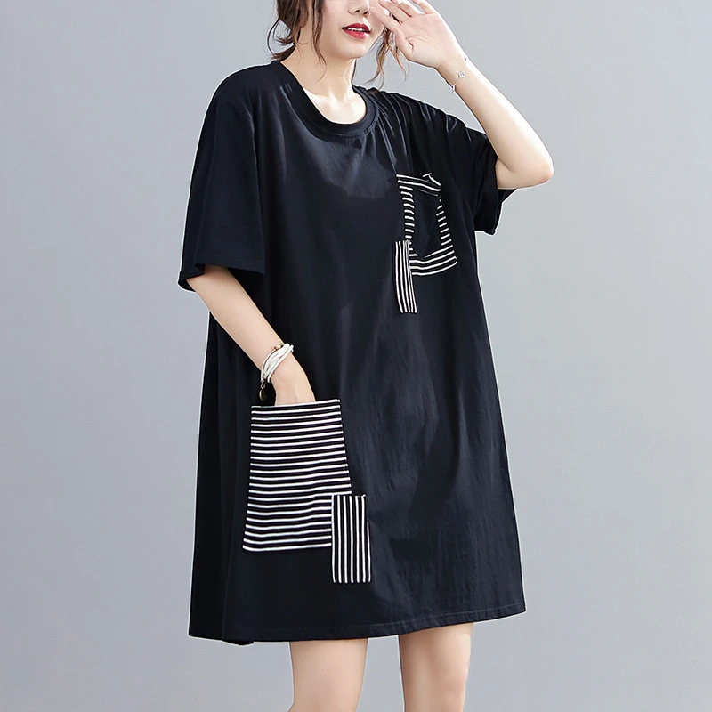 ZZ1971胖MM韩版圆领短袖条纹贴布撞色显瘦连衣裙300斤大码女装