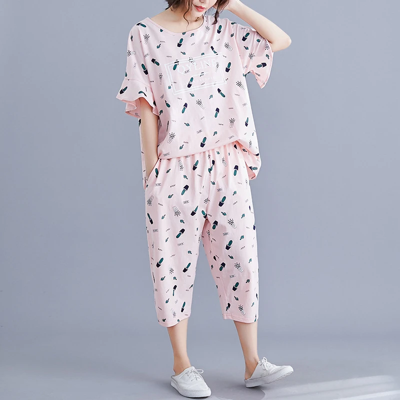ZZ04146大码女装130/300斤睡衣夏薄款家居服七分裤套装时尚两件套