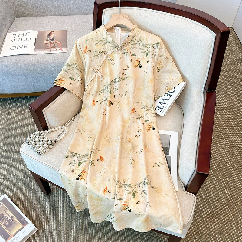 ZZ2604时尚新中式改良版小众碎花显瘦复古连衣裙300斤大码女装