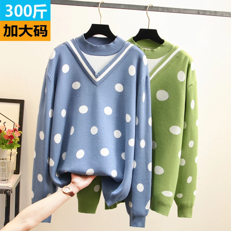 ZZ1859新款时尚宽松显瘦通勤休闲百搭斑点假两件套270斤大码女装