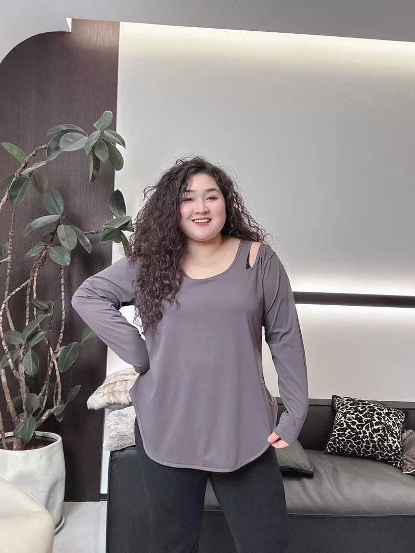 励志女孩大码秋冬速干运动健身露肩长袖SY-1028