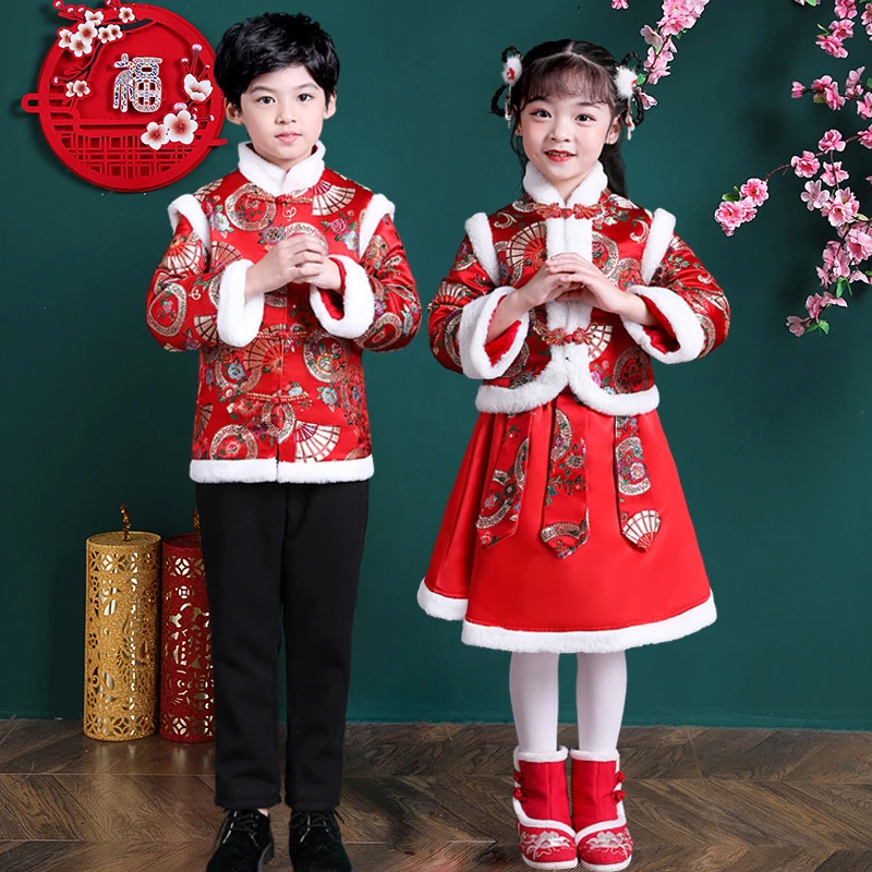 元旦儿童喜庆演出服加绒中国风女童拜年服新年幼儿园开门红表演服