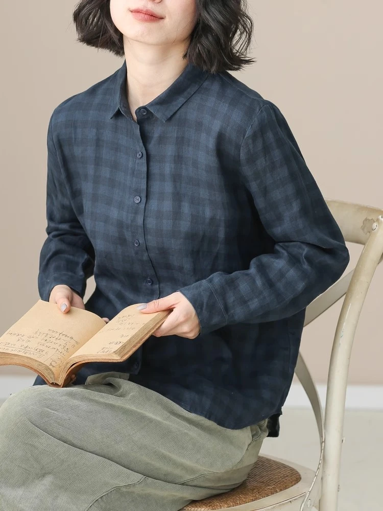 左耳左岸 色织亚麻衬衫女秋宽松文艺长袖衬衣原创竖条纹打底上衣