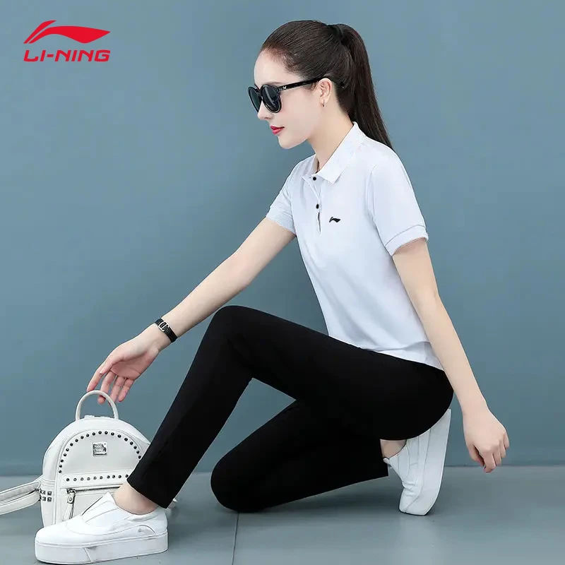 李宁女款polo衫纯棉女t恤正品夏季新款运动休闲翻领棉质宽松体恤