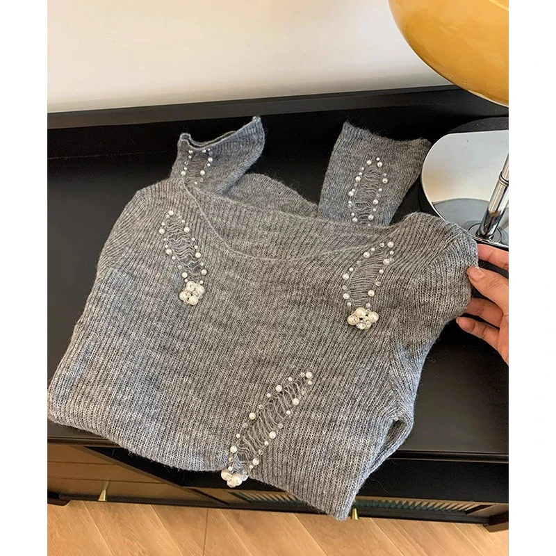 镂空重工钉珠针织衫套头上衣女秋新款辣妹收腰修身显瘦针织打底衫