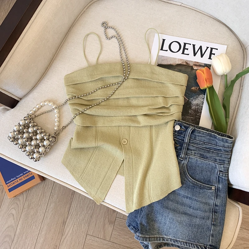 纯欲抹胸褶皱吊带背心女夏季新款设计感显瘦休闲气质开叉短款上衣