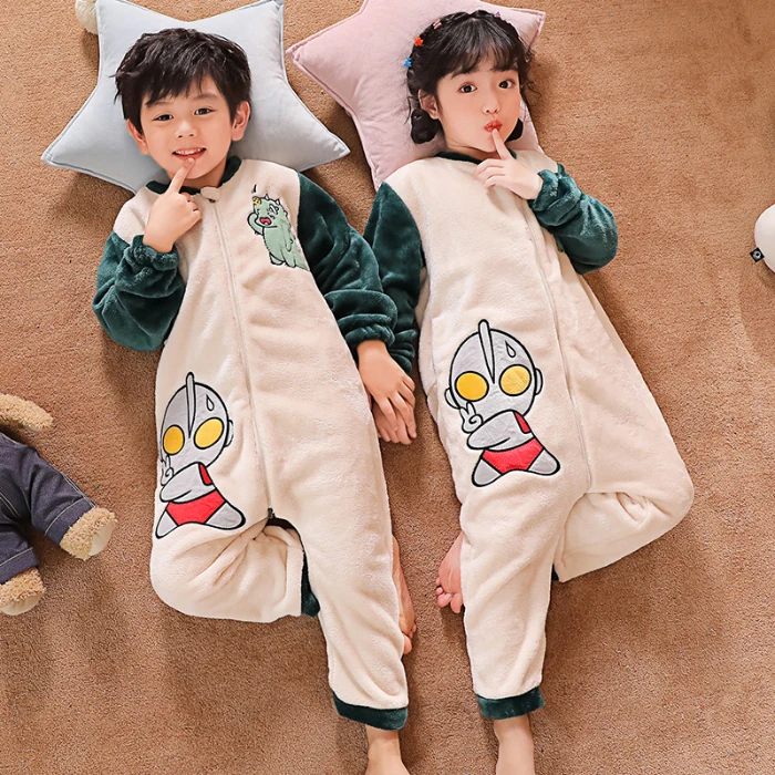 儿童连体睡衣男童冬季珊瑚绒加厚款防踢被男孩宝宝卡通奥特曼睡袋