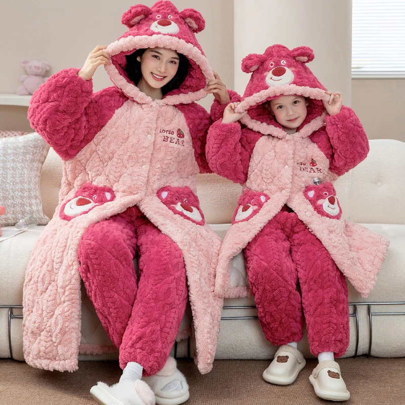 女童睡衣冬季三层夹棉加厚儿童睡袍长款珊瑚绒女孩亲子母女家居服