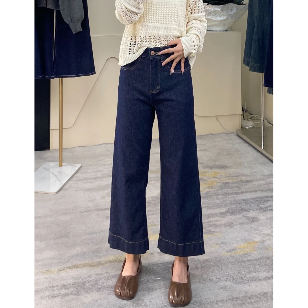 3103丹宁蓝小个子八分阔腿裤春夏秋显高显瘦宽松直筒九分牛仔裤