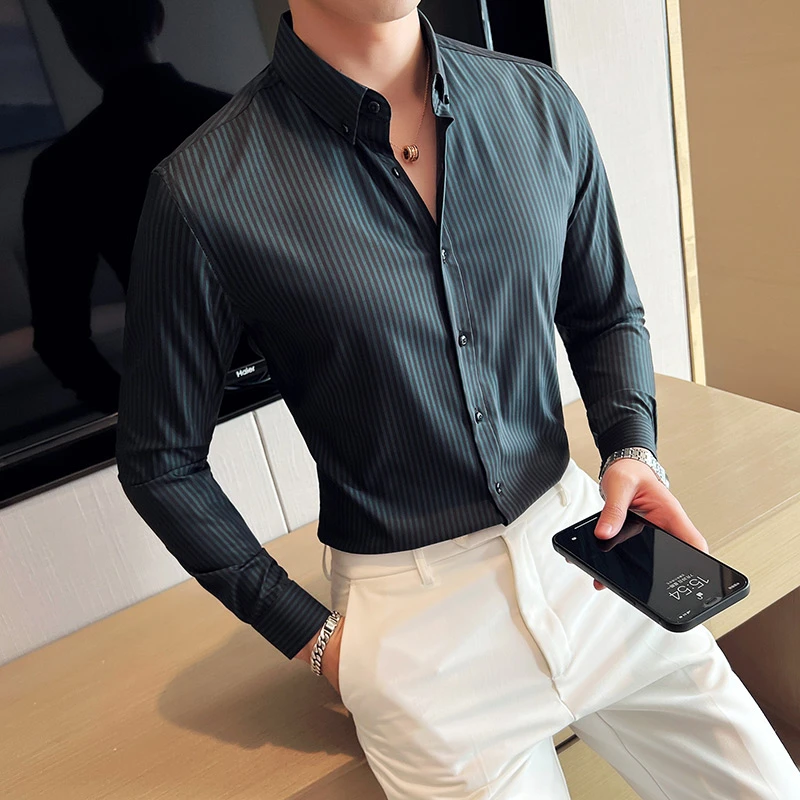 秋季青年条纹修身衬衫男长袖商务休闲衬衣时尚百搭修身痞帅高级感