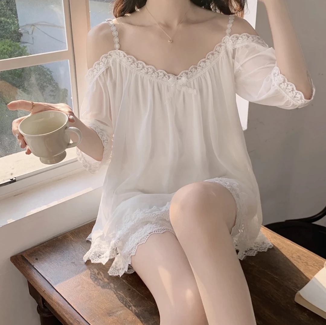 新款纯欲风一字肩网纱睡衣可外穿家居服套装