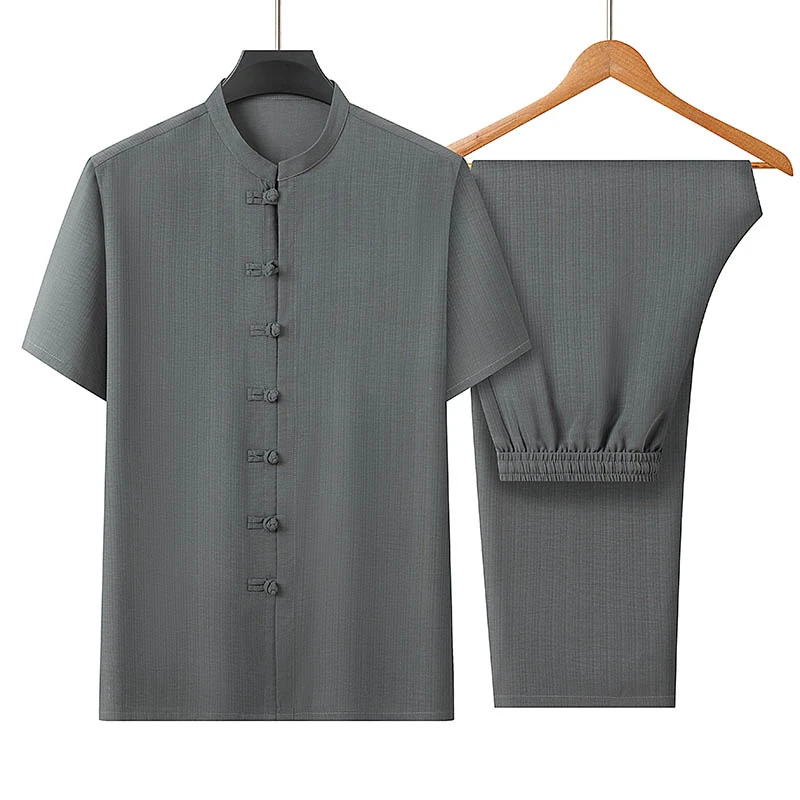 夏季中老年爸爸装衣服中国风休闲薄款唐装男士短袖爷爷中式两件套