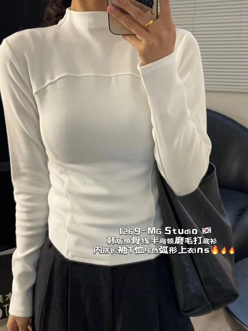 遮肚子小衫秋冬德绒打底衫女温柔半高领长袖内搭保暖修身