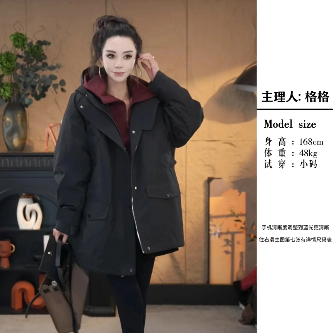 【格小姐】6126-10 冬季韩版高级感连帽冲风衣时尚休闲厚款棉服外套