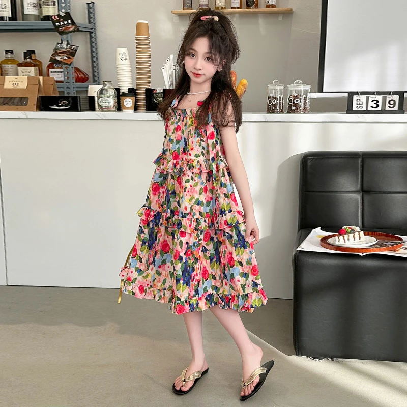女童夏装2025款6-12岁15岁中大童洋气时尚甜美公主花边碎花吊带裙