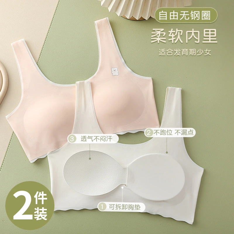 (2件装)9-16岁发育期少女内衣冰丝无痕初中生高中生儿童无钢圈