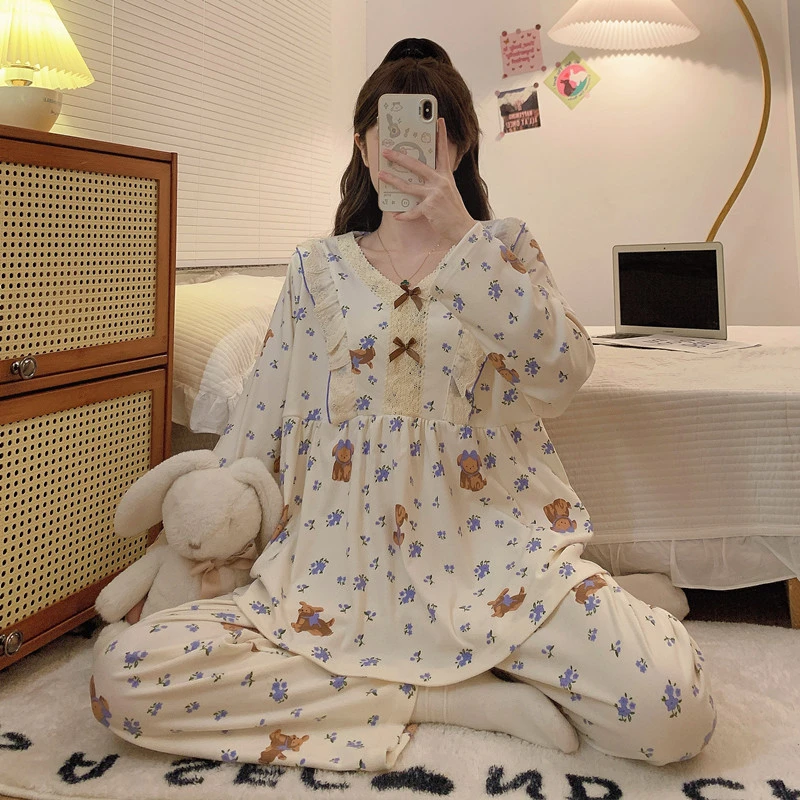 5010德绒大码睡衣女防凸点可外穿秋冬保暖家居服套装蕾丝宽松