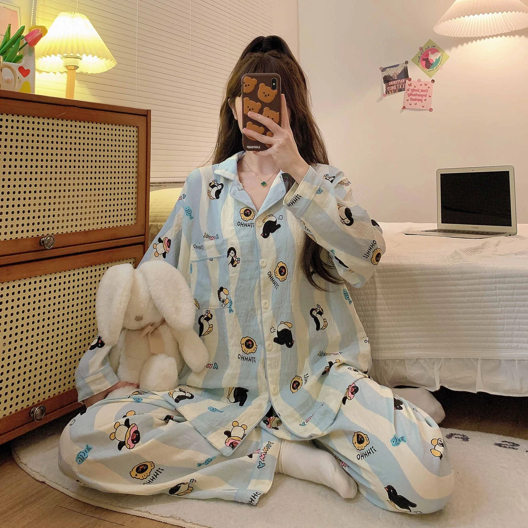 4328大码春秋季长袖长裤卡通宽松可爱舒服可外穿家居服套装