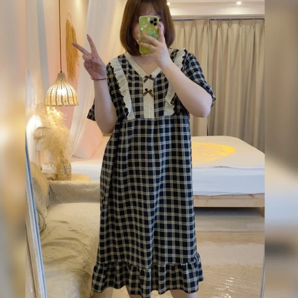 3034气质睡衣韩版女夏季大码睡裙宽松长裙加大加宽凉快舒适碎花