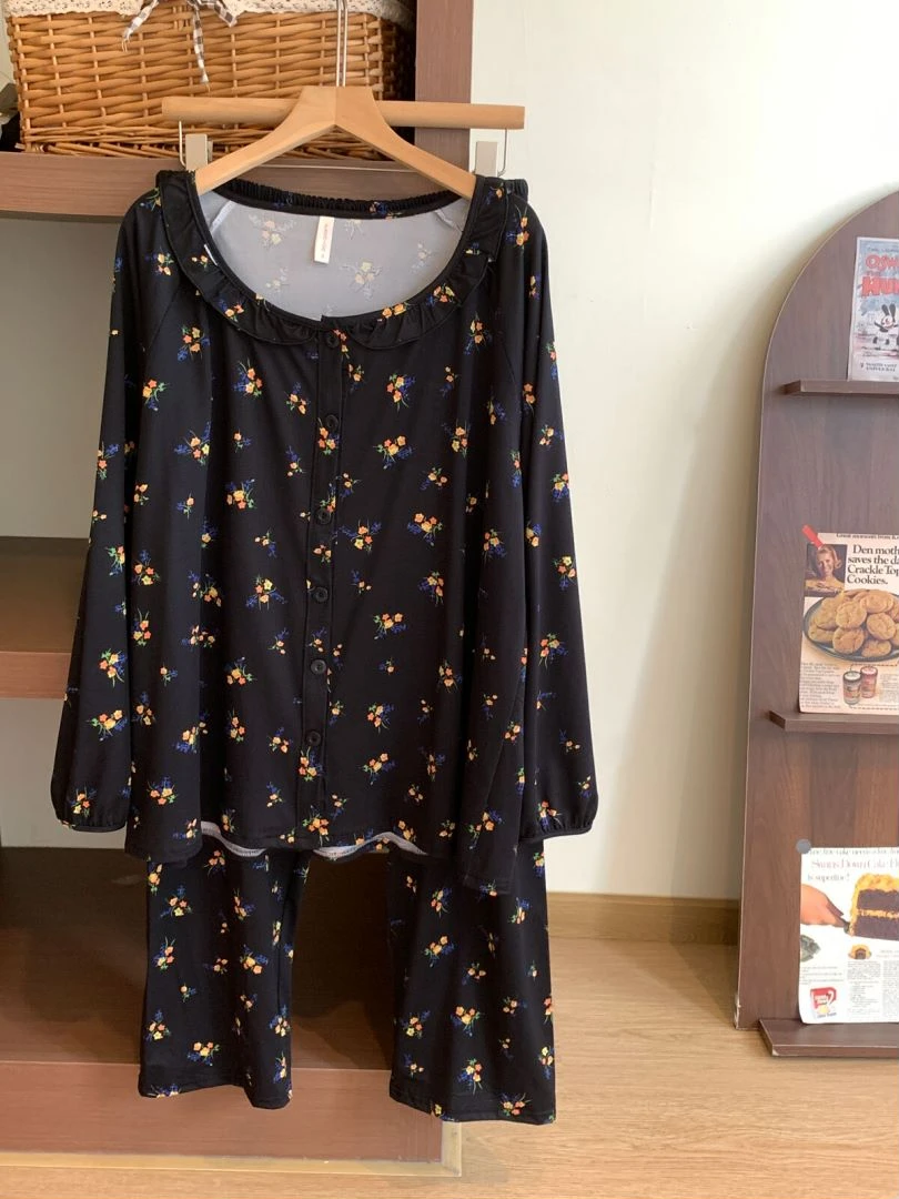 1016春秋季睡衣女套装宽松加大码长袖长裤舒适透气甜美气质家居服