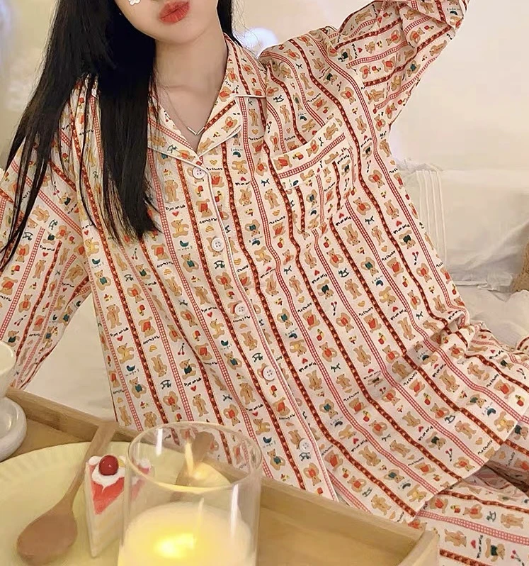 3101【圣诞小熊】大码睡衣女套装翻领卡通小熊家居服