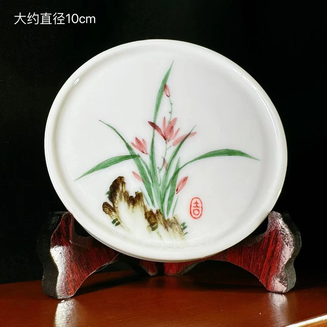 陶瓷羊脂玉五彩兰花手绘釉下彩盖置
