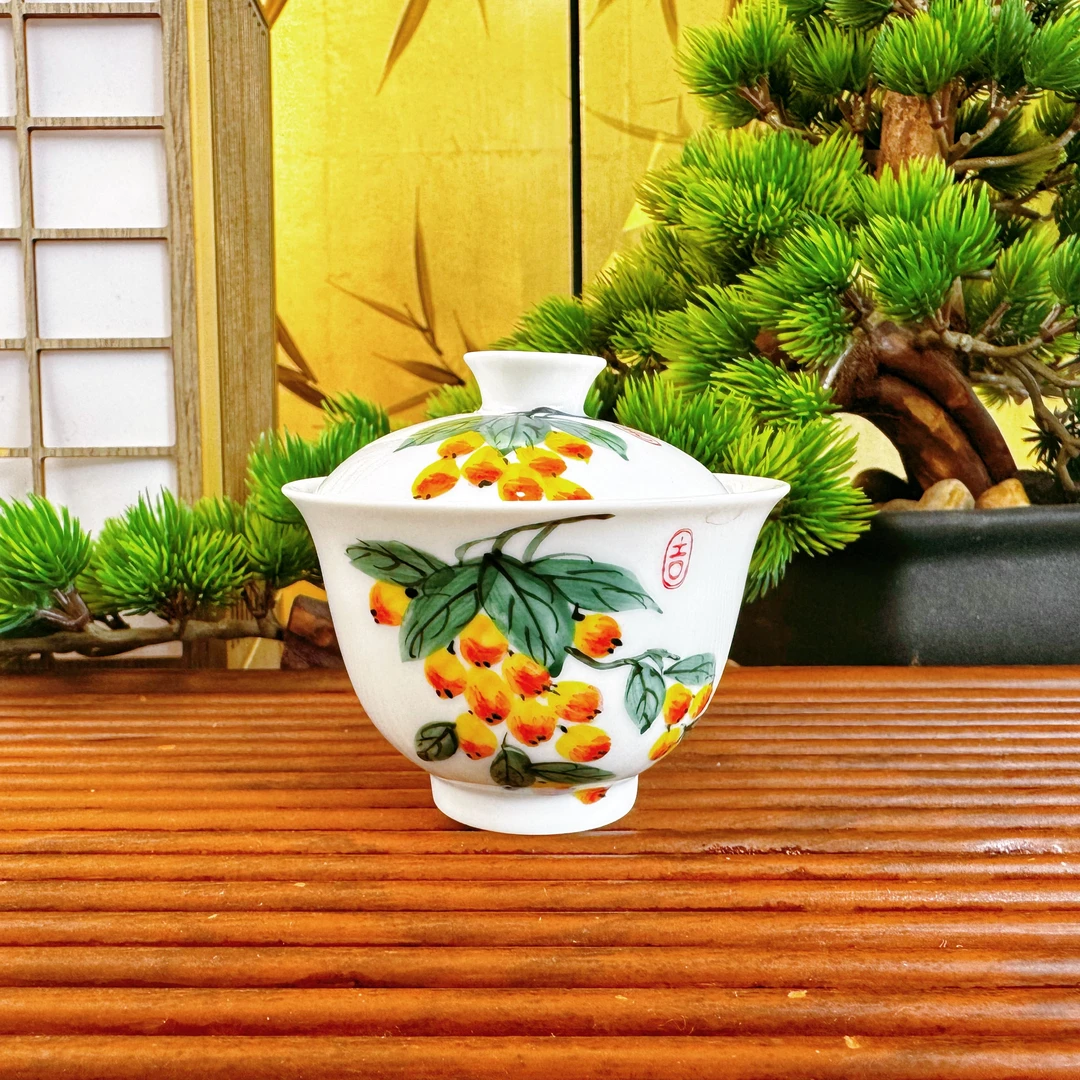 【瑕疵特价】陶瓷羊脂玉釉下五彩手绘枇杷小盖碗大盖碗茶具