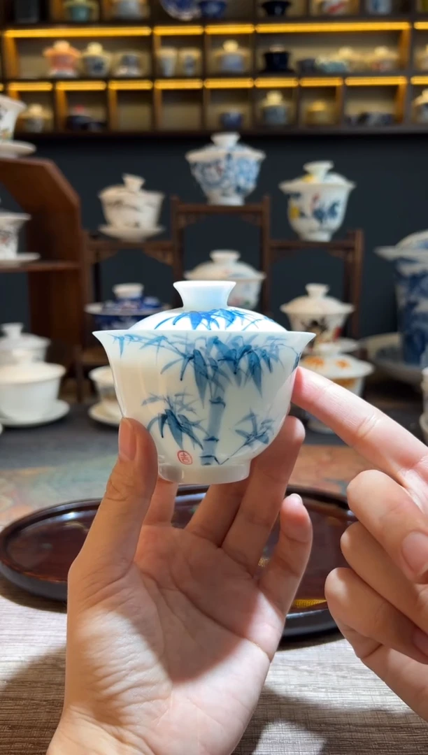 【闪购商品】手绘竹子元宝盖碗