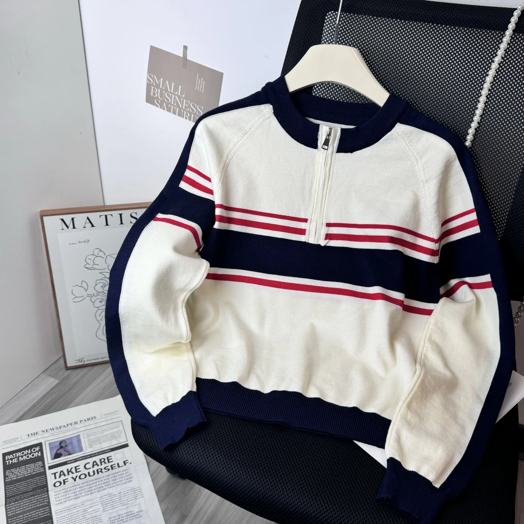 韩版复古撞色宽松显瘦休闲女秋冬设计感条纹半拉链长袖针织衫百搭