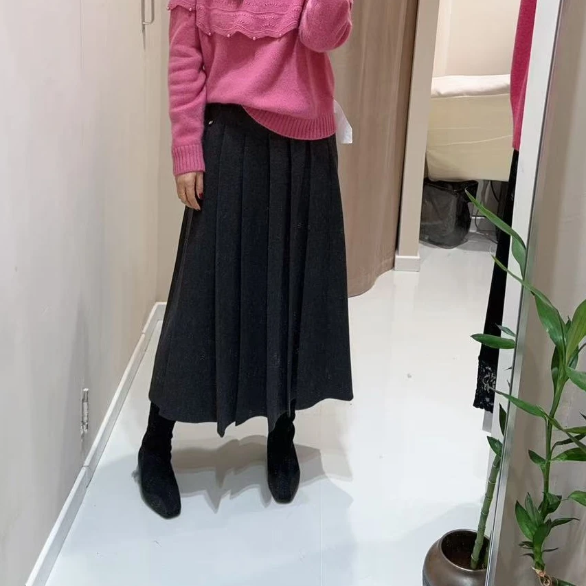 小A字版型松紧腰毛呢百褶半身裙秋冬款高端大气上档次