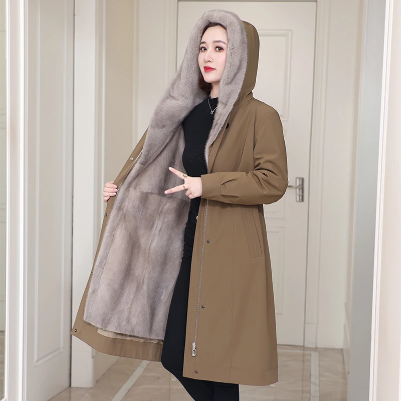 2023拉链款整貂内胆尼克服女可拆卸中长款连帽水貂派克服貂皮大衣