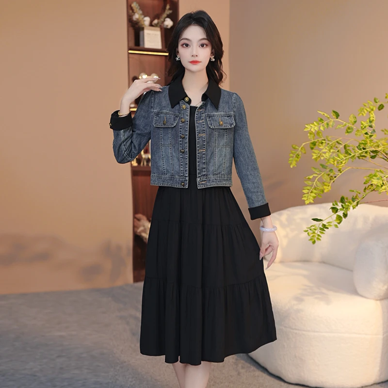 春季新款休闲两件套时尚百搭显瘦气质牛仔外套连衣裙套装女