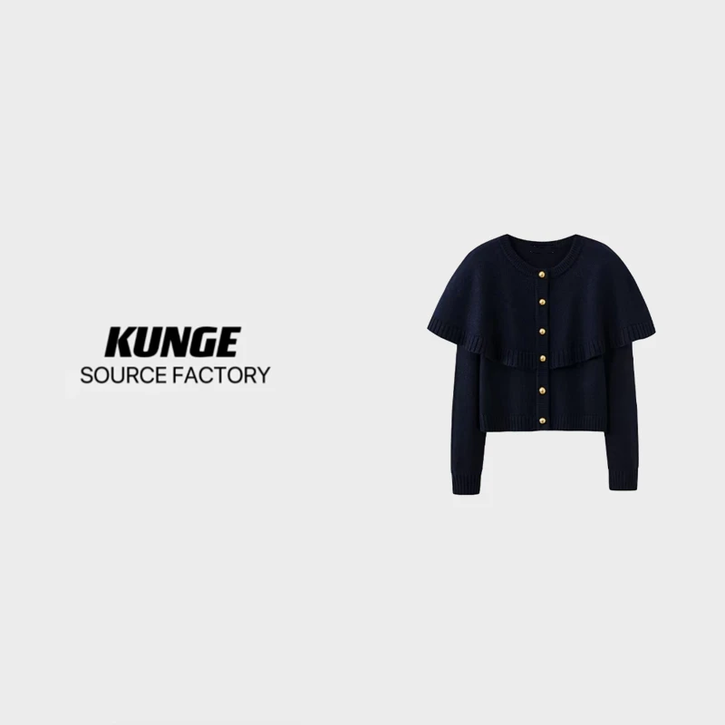 KUNGE-藏蓝色小斗篷针织长袖开衫时尚气质短款外套-8733