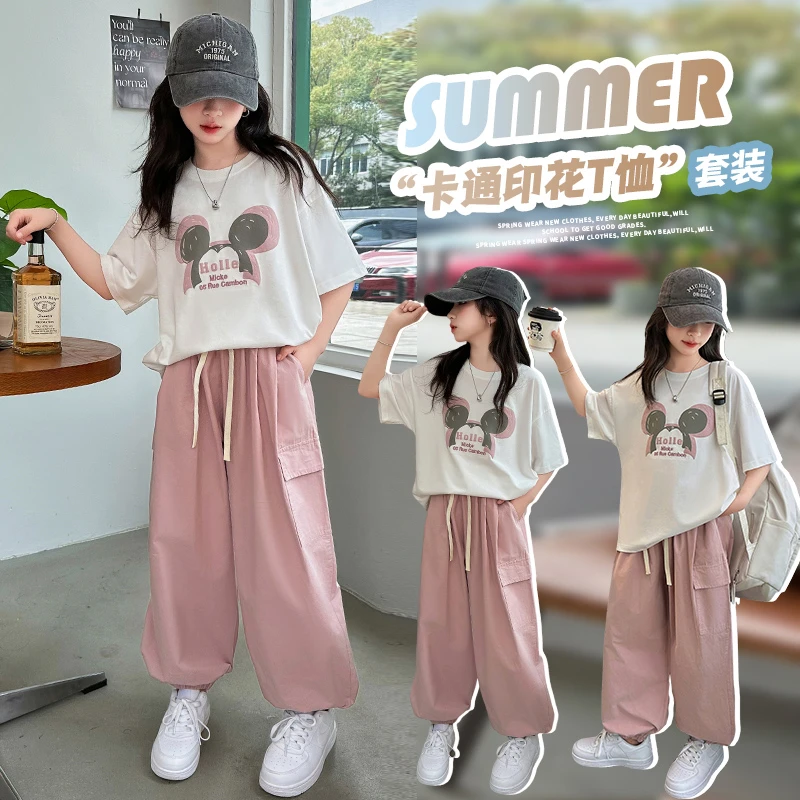 女童夏装套装新款洋气夏季卡通休闲工装裤女孩中大童两件套