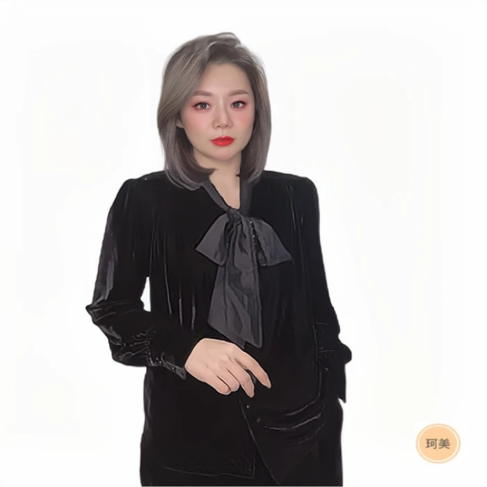 珂美家2022年设计师款黑色套头窜珠丝绒小衫长袖修身时尚上衣女士