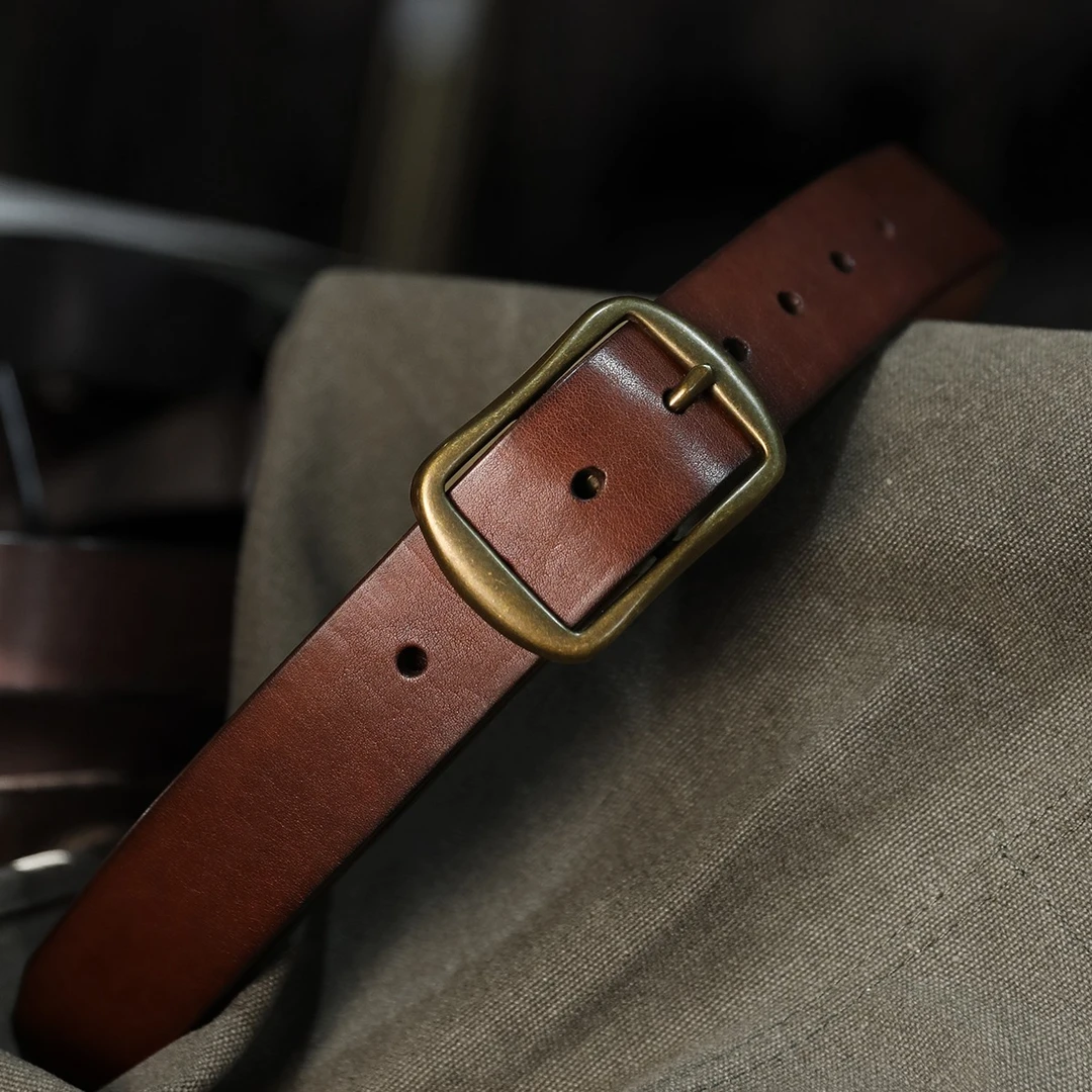 工匠老奴复古男士头层牛皮黄铜皮带针扣腰带休闲真皮牛仔棕色