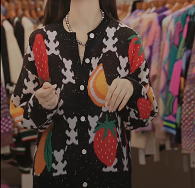 【卡诗米羊绒】24669草莓图案秋冬时尚女款针织印花长袖开衫