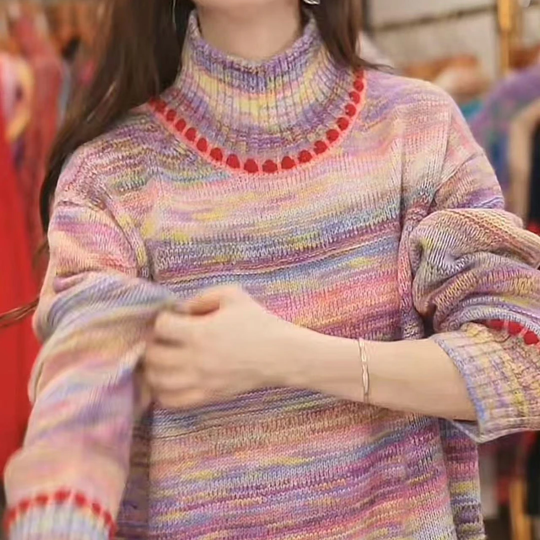 【卡诗米羊绒】24196多彩高领潮牌时尚女款针织宽松慵懒风上衣