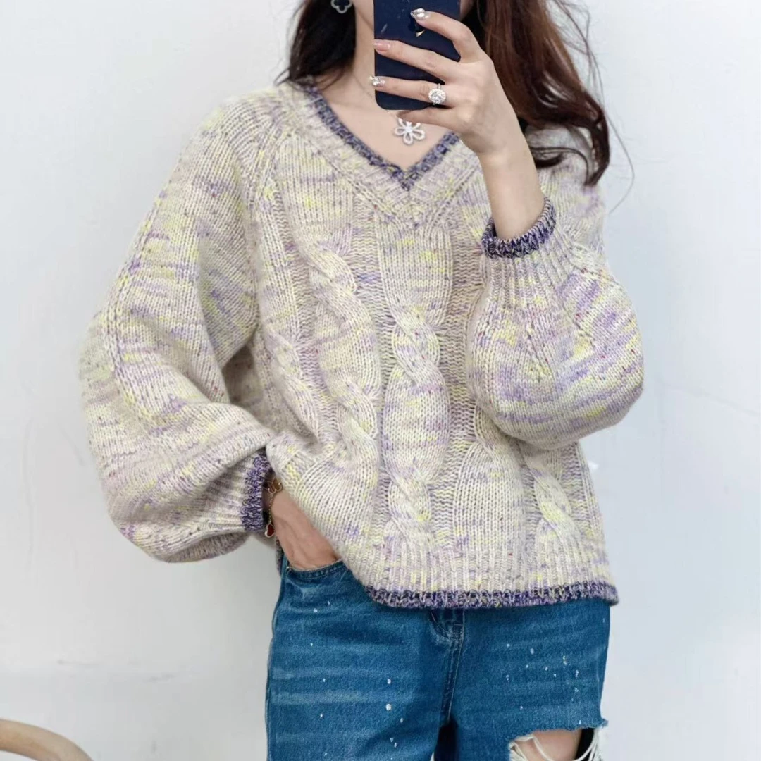 【卡诗米羊绒】24370套头V领山羊绒100%潮牌时尚女款针织宽松上衣