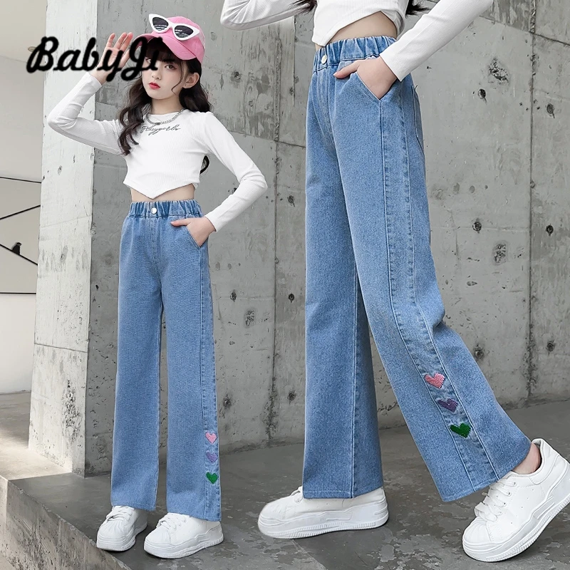 女童牛仔裤春装2025新款中大儿童女孩洋气阔腿裤春秋休闲裤子12岁
