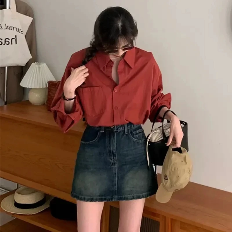 高级感酒红色衬衫女秋季轻熟风韩版宽松长袖衬衣法式小众别致上衣