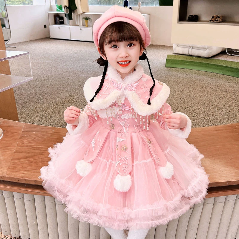 拜年服汉服女童冬装新年衣服儿童中国风旗袍加绒唐装女宝宝连衣裙