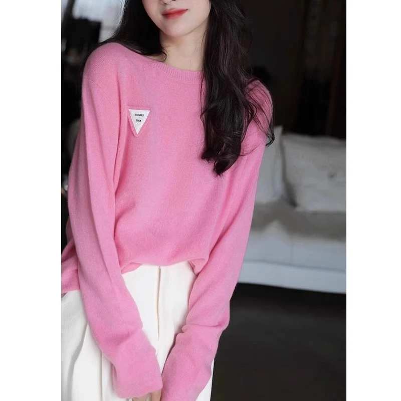 欧货粉色圆领长袖针织衫女2025秋季新款时尚休闲套头内搭打底上衣