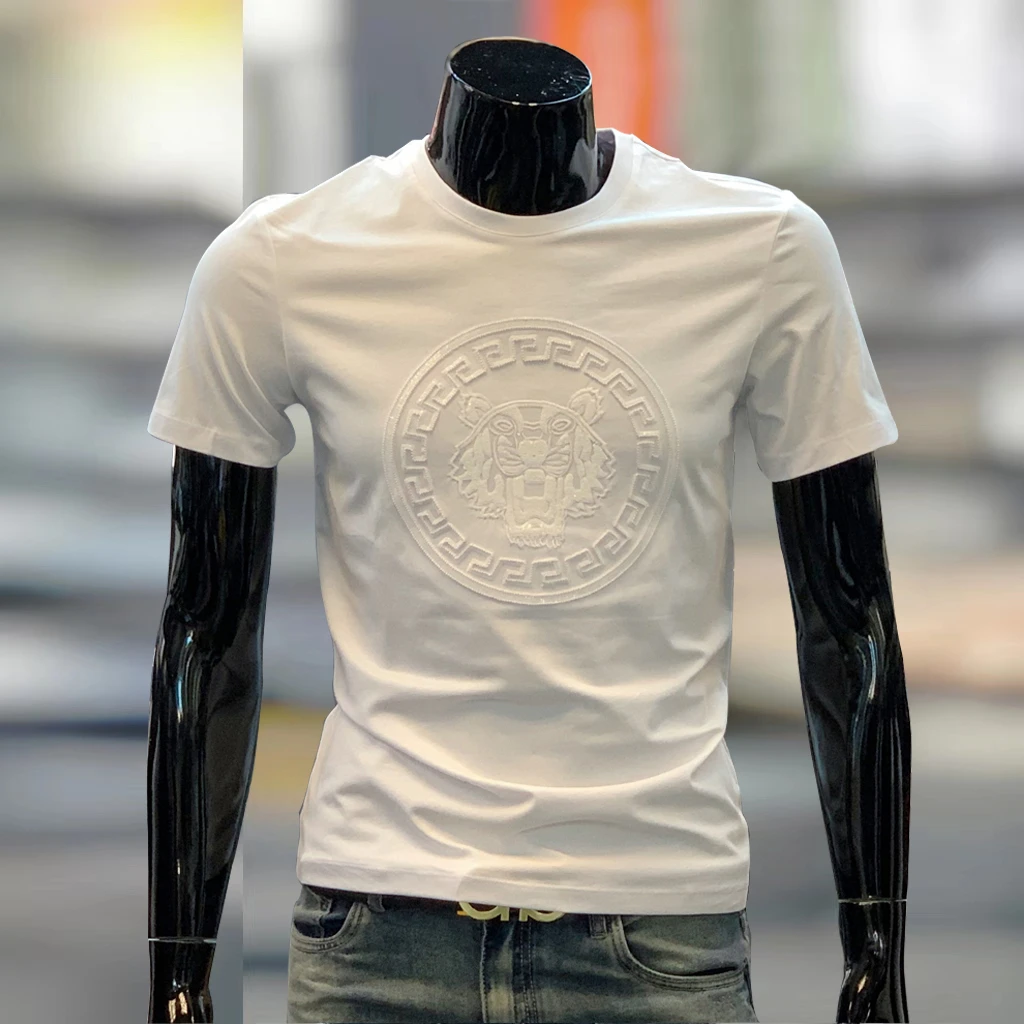 男士刺绣虎头潮流亮片短袖T恤男士休闲新款轻奢男T恤短袖打底夏季