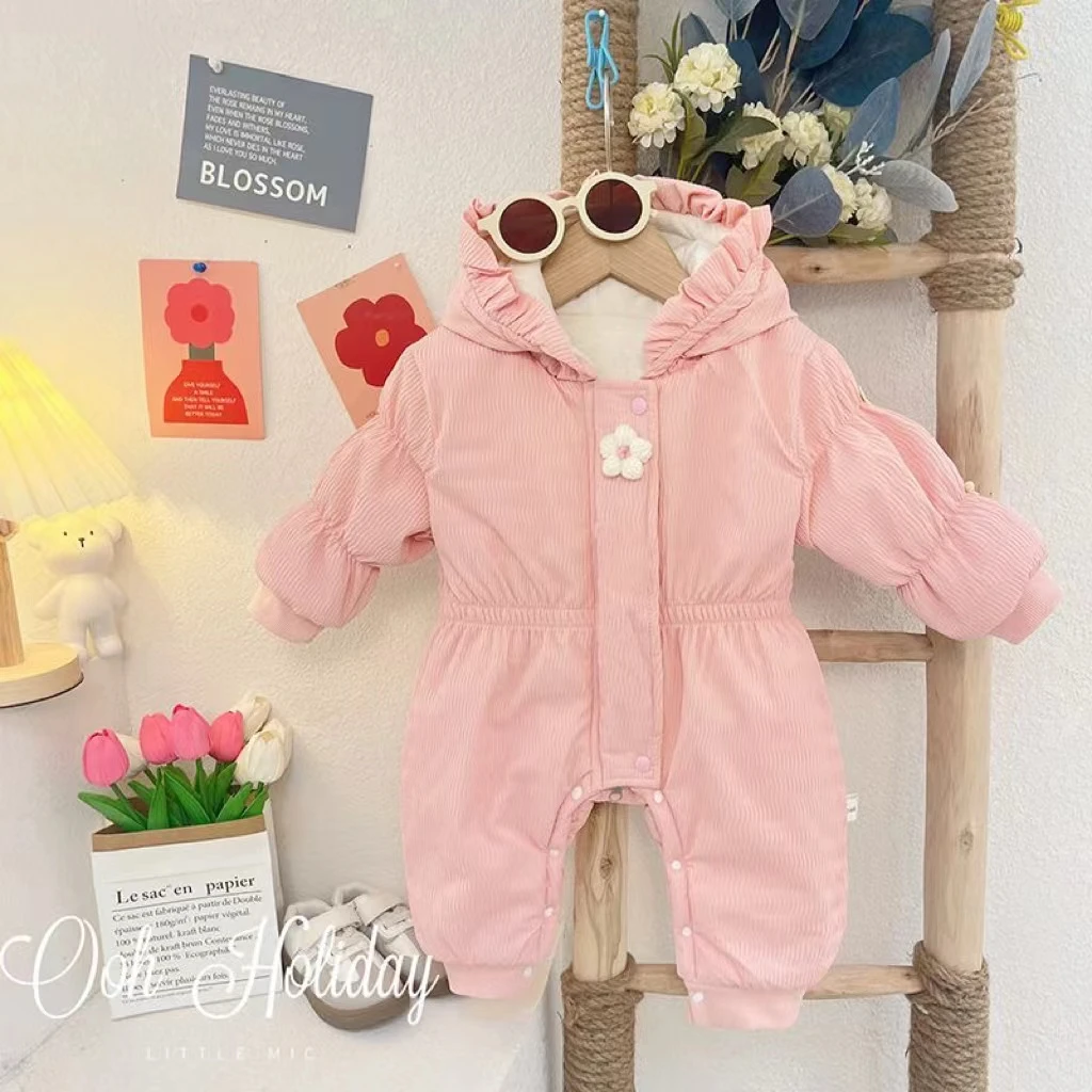 秋冬款儿童宝宝两朵可爱花花保暖边连帽薄棉哈衣外穿爬服