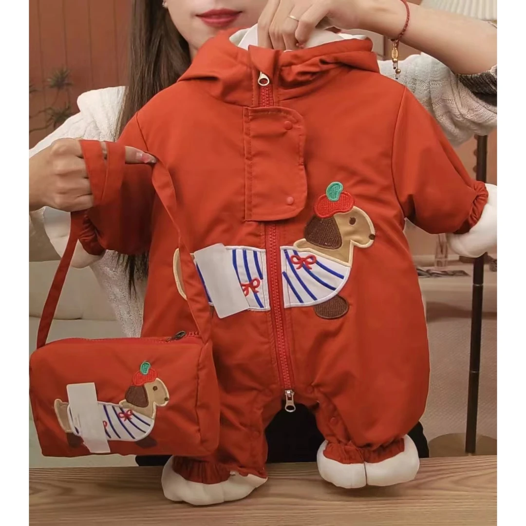 冬款时尚韩版婴幼儿可爱红帽小狗厚棉哈衣外穿长爬
