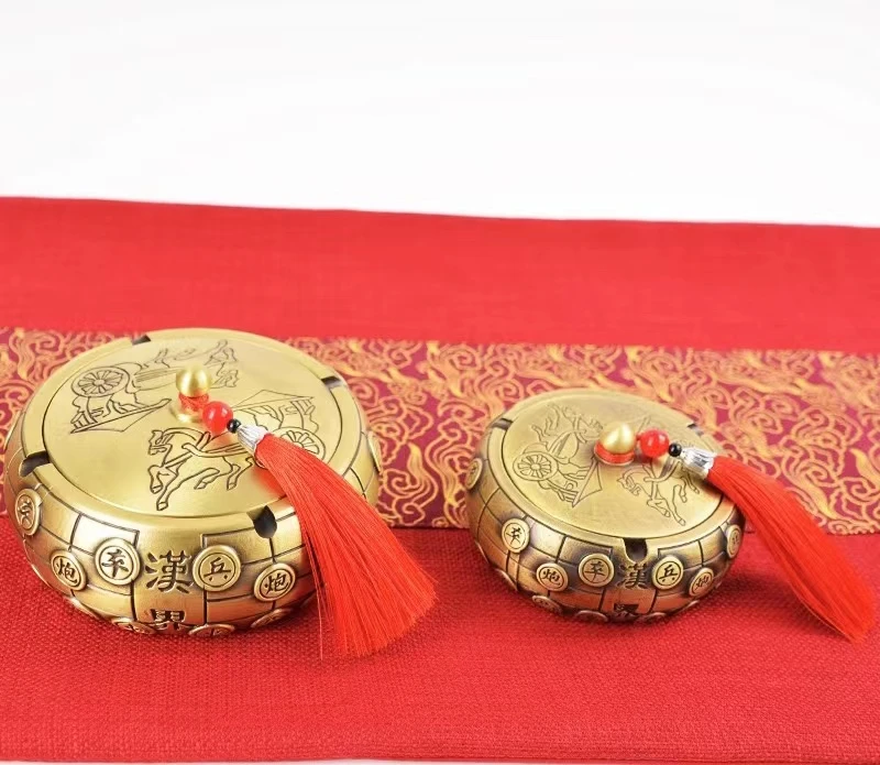 黄铜烟灰缸带盖新中式家用客厅创意象棋防摔防飞灰烟缸办公室摆件